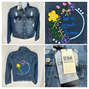 Love Tree‎ Denim Jean Jacket Size Large Be a Kind Human Floral Painted Back